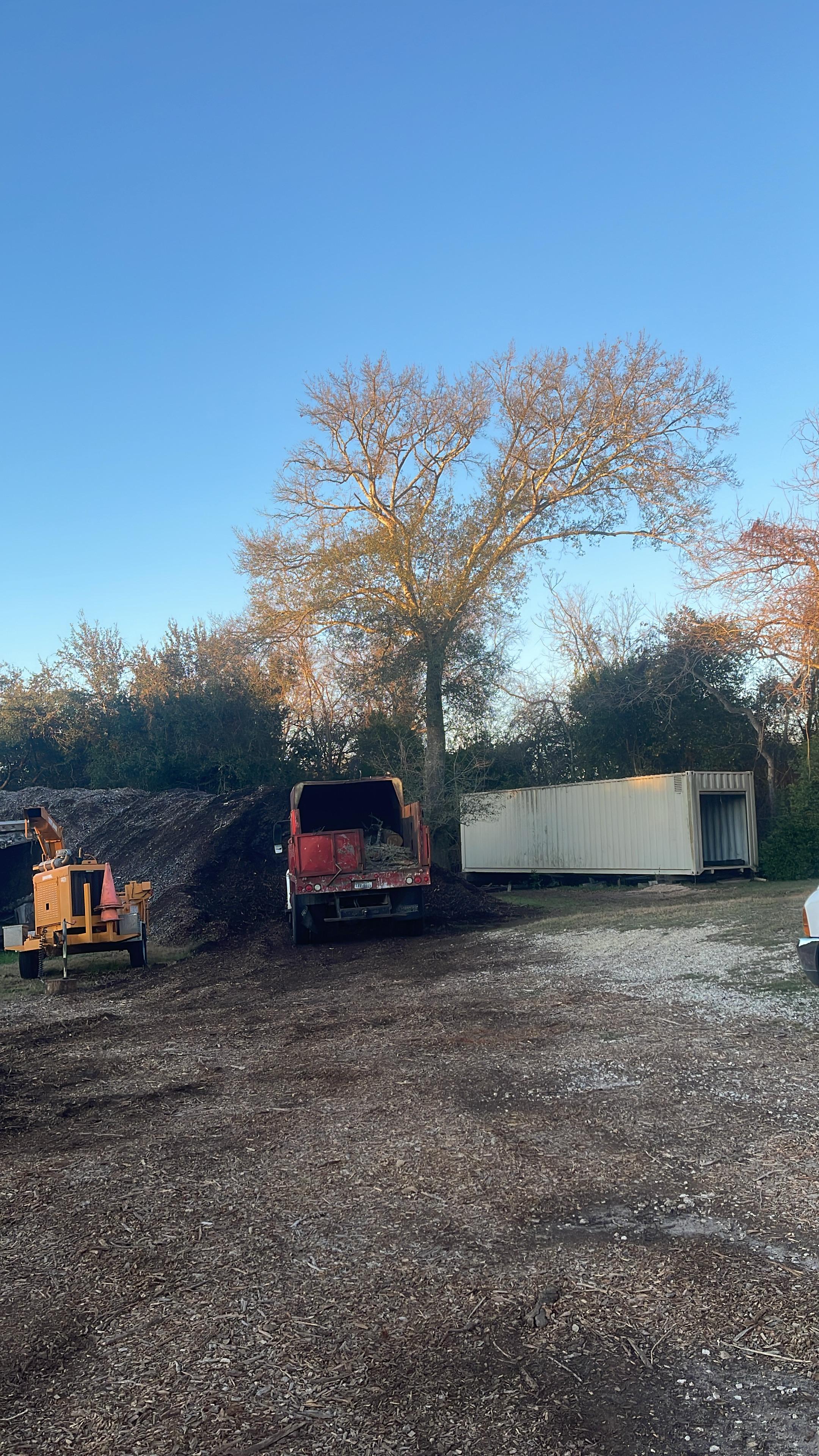Chipper and dump trailer working a winter job at first light