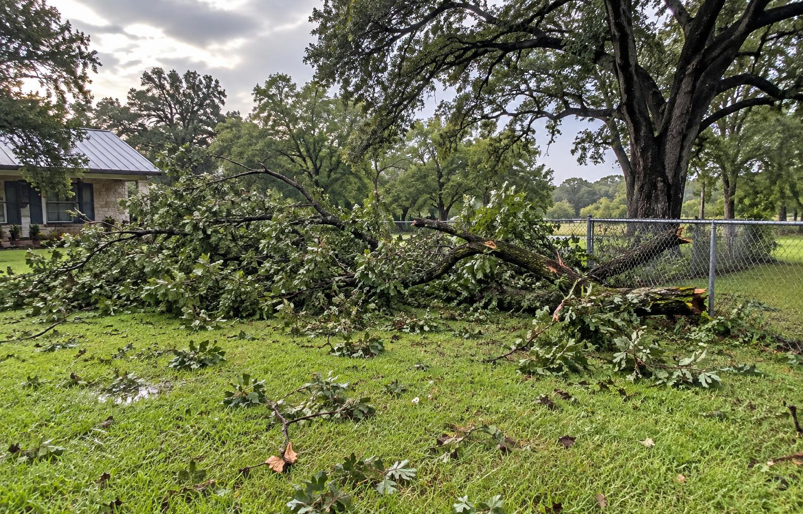 Fallen tree limbs across a residential yard after a storm